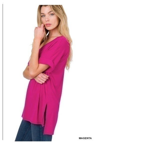 ROLLED SHORT SLEEVE SIDE SLIT HI-LOW HEM PINK TOP NWOT - Picture 1 of 2